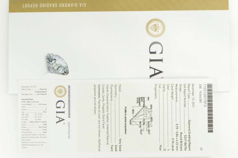 GIA 0.96 Ct Round Brilliant Cut L Color I2 Clarity Diamond