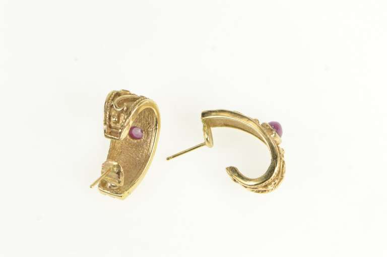 14K Yellow Gold Natural Ruby Etruscan Revival Semi Hoop Earrings