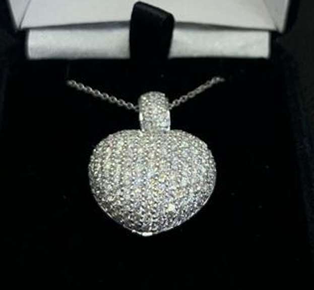 GORGEOUS DIAMOND PUFFY HEART PENDANT AND CHAIN (18K WHITE GOLD, 3 CT IN DIAMONDS)