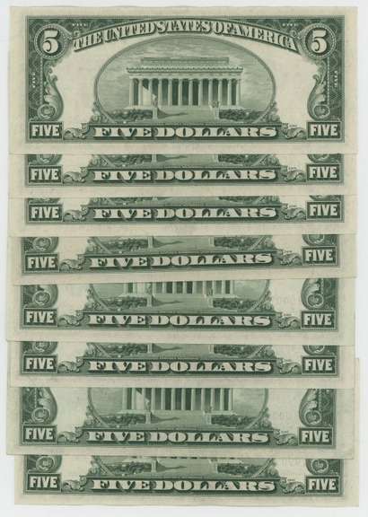 8 Crisp Series of 1953 $5 Blue Seal Silver Certificates