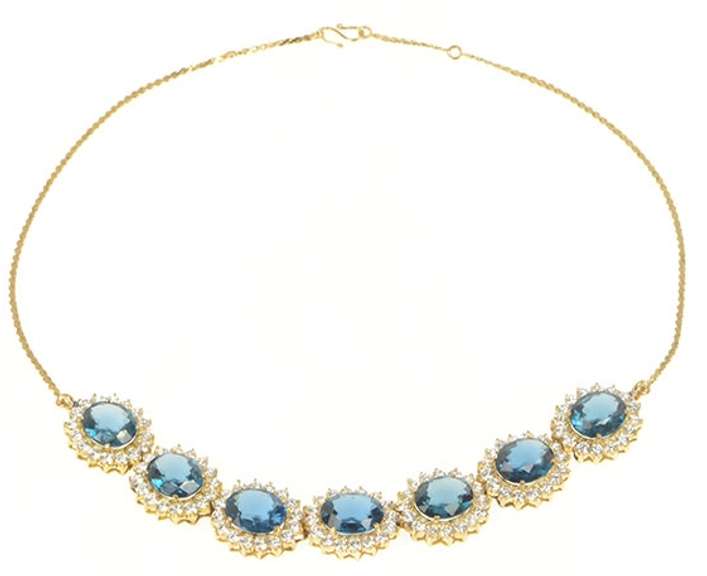 14K Yellow Gold Oval London Blue Topaz Halo Statement Necklace
