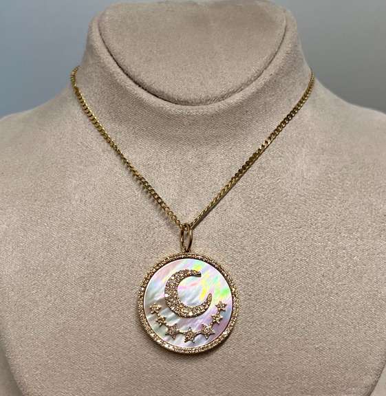 14kt Solid Gold Celestial Charm Pendant with Diamonds And Mother of Pearl