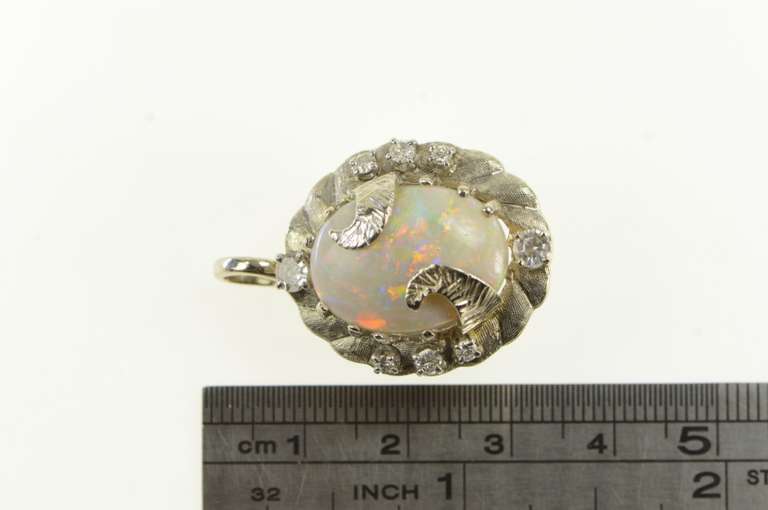 14K White Gold 1940's Opal Diamond Elaborate Floral Leaf Pendant