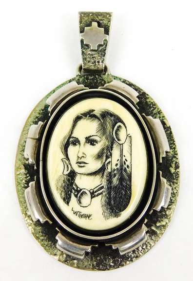Large Signed Native American Sterling Scrimshaw Pendant