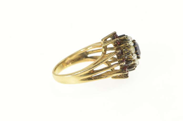 14K Yellow Gold Sapphire Seed Pearl Garnet Halo Cocktail Ring