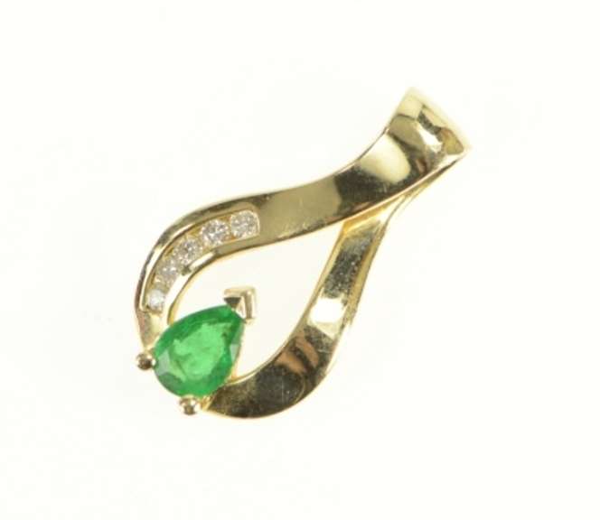 14K Yellow Gold Pear Emerald Diamond Ornate Freeform Pendant