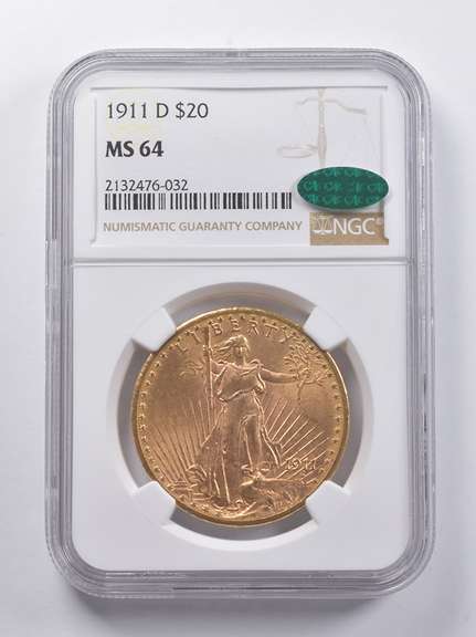 MS64 1911-D $20 Saint-Gaudens Gold Double Eagle CAC NGC