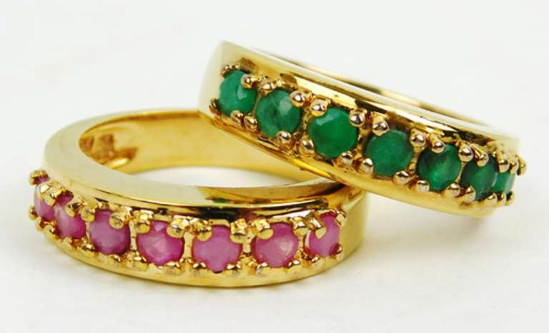 2 Sterling Vermeil Emerald & Ruby Stacking Rings, Size 6