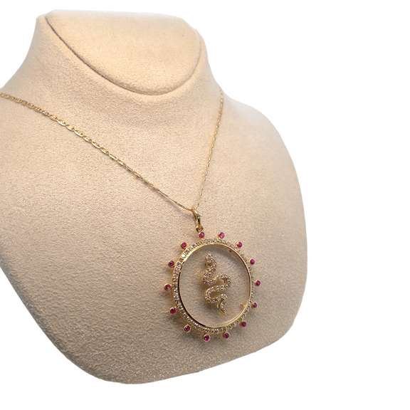 14K GOLD SNAKE CHARM NECKLACE WITH RUBIES AND DIAMONDS
