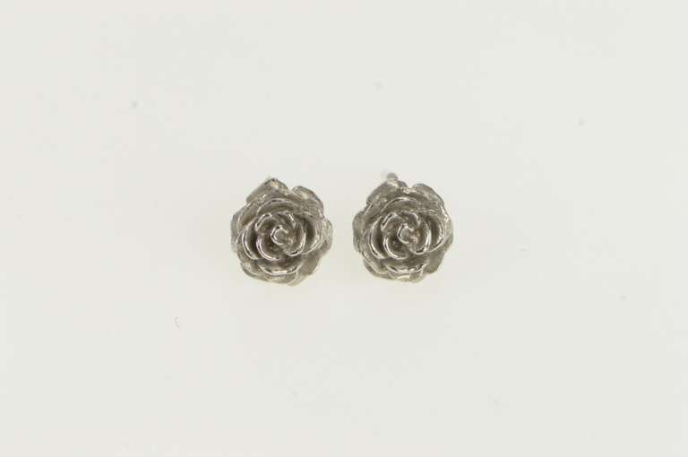 14K White Gold 3D Rose Flower Romantic Vintage Stud Earrings