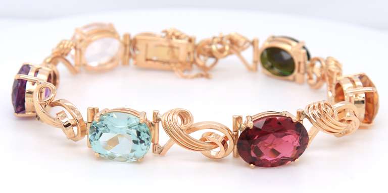 Stunning Yellow Gold Wire Swirl Link Multi Gemstone Station Bracelet