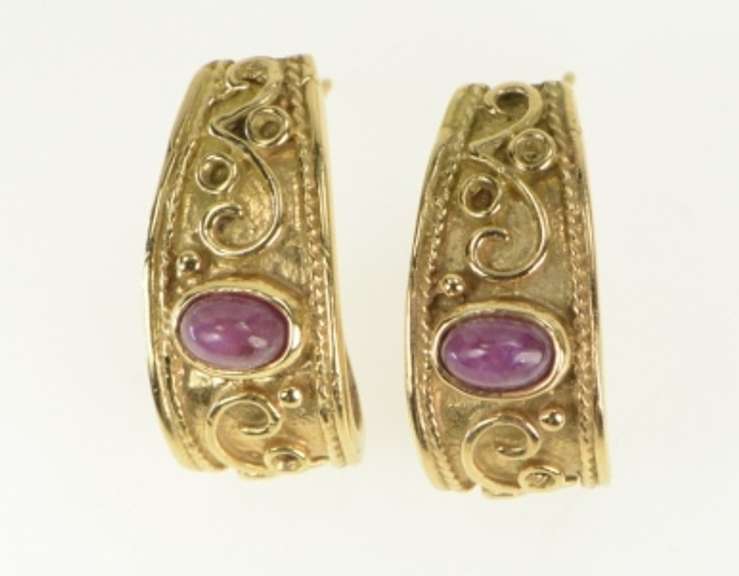 14K Yellow Gold Natural Ruby Etruscan Revival Semi Hoop Earrings