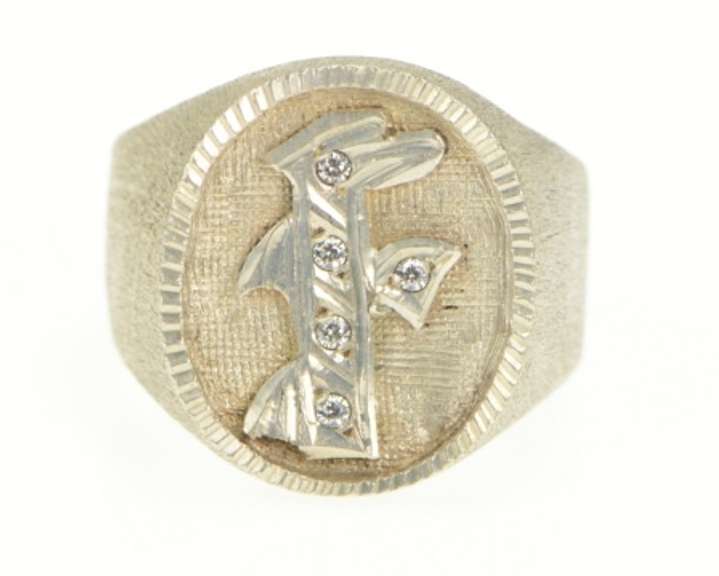 Sterling Silver Oval Ornate F Monogram CZ Initial Signet Ring