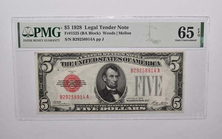 SAME PMG 65 EPQ $5 1928 US Legal Tender FR#1525 (BA Block) Red Seal