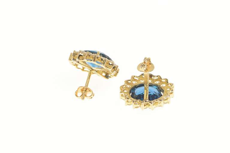 14K Yellow Gold Oval London Blue Topaz Halo Statement Stud Earrings