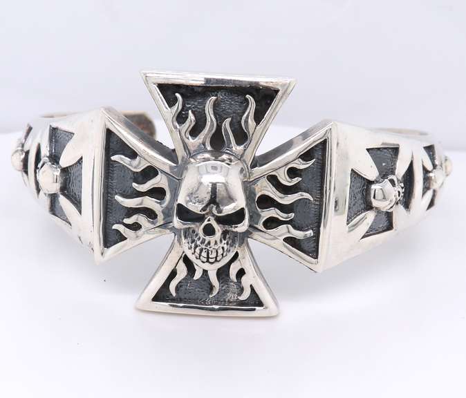 925 Sterling Silver Iron Cross Skull Cuff Bangle