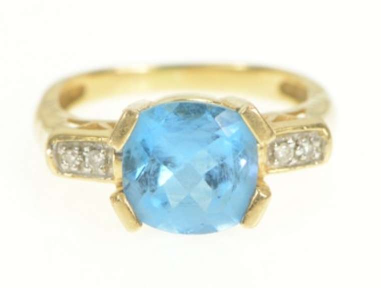 14K Yellow Gold Cushion Blue Topaz Diamond Accent Cocktail Ring