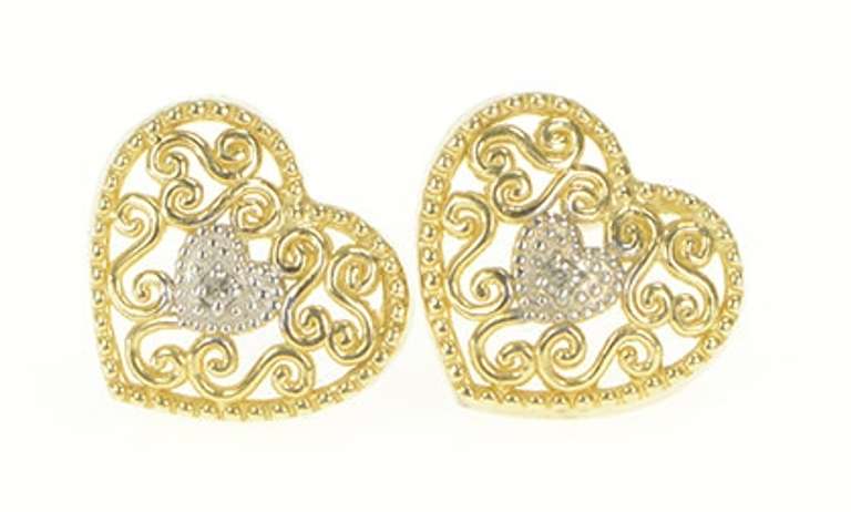 10K Yellow Gold Diamond Inset Heart Filigree Love Symbol Earrings