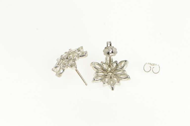 14K White Gold 3.00 Ctw 1950's Diamond Flower Snowflake Earrings