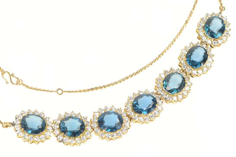 14K Yellow Gold Oval London Blue Topaz Halo Statement Necklace