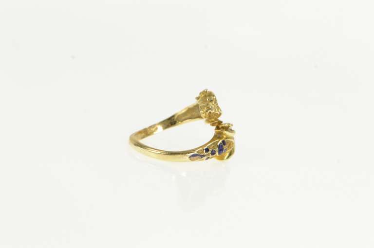14K Yellow Gold Victorian Ornate Ram Capricorn Blue Enamel Ring