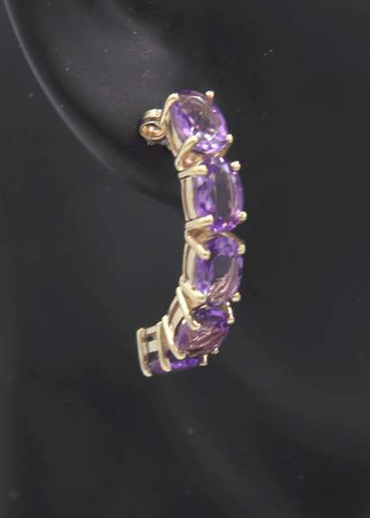 Stunning Yellow Gold oval Cut Amethyst Half Hoop Earrings