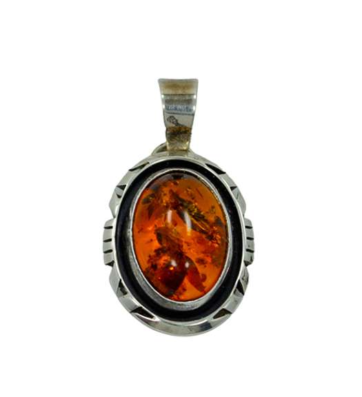 Vintage Oval Sterling and Amber Pendant Marked "Sterling M" on the Back