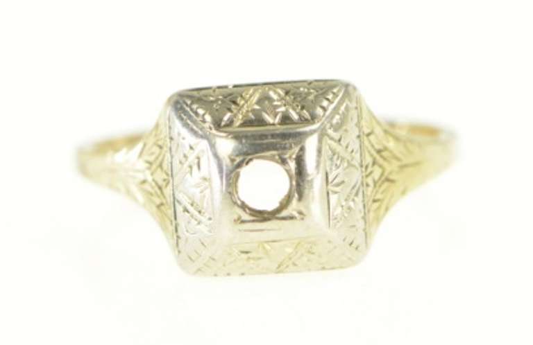 14K White Gold Engraved Art Deco Engagement 2.6mm Setting Ring