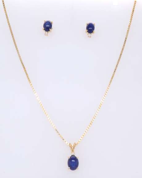 Precious Synthetic Star Sapphire and Diamond Pendant on Chain with Earrings Set