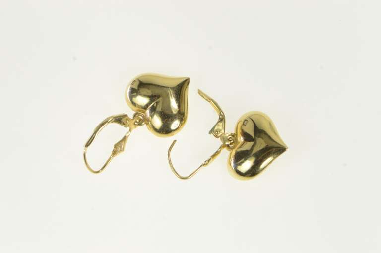 14K Yellow Gold Puffy Heart Love Symbol Dangle Vintage Earrings