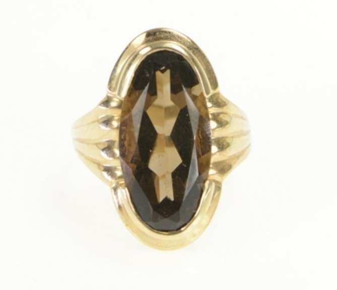 10K Yellow Gold Retro Smoky Quartz Oval Statement Vintage Ring