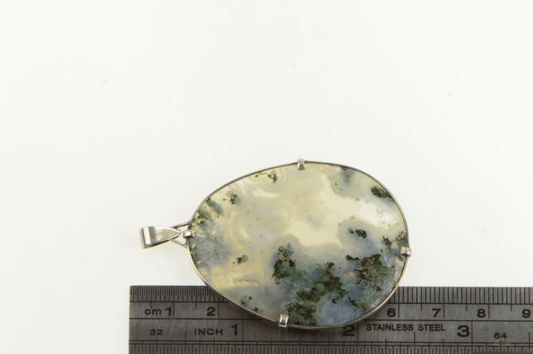 Sterling Silver Oval Moss Agate Palm Stone Bezel Pendant