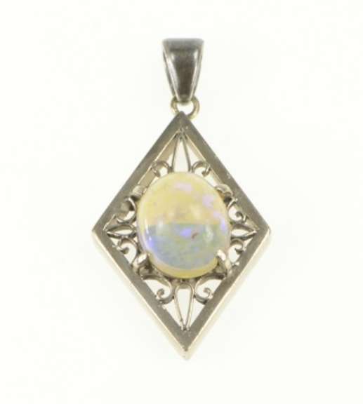14K White Gold Oval Natural Opal Squared Filigree Statement Pendant