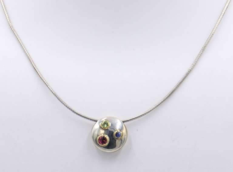 Tiffany & Co Disc Pendant with Colored Gems on Snake Chain