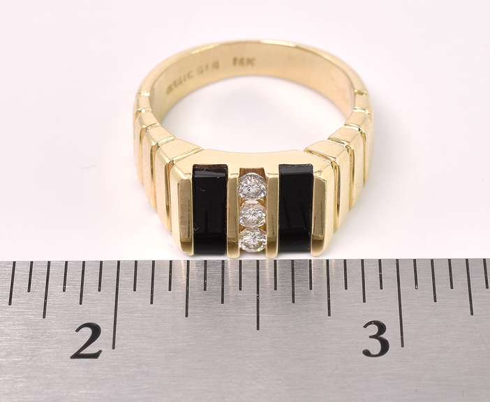 Sturdy Diamond and Onyx Ring In 14K Yellow Gold