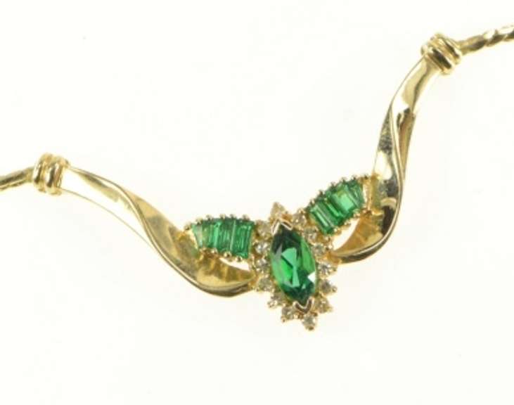 14K Yellow Gold Marquise Syn. Emerald Diamond Halo Chevron Necklace