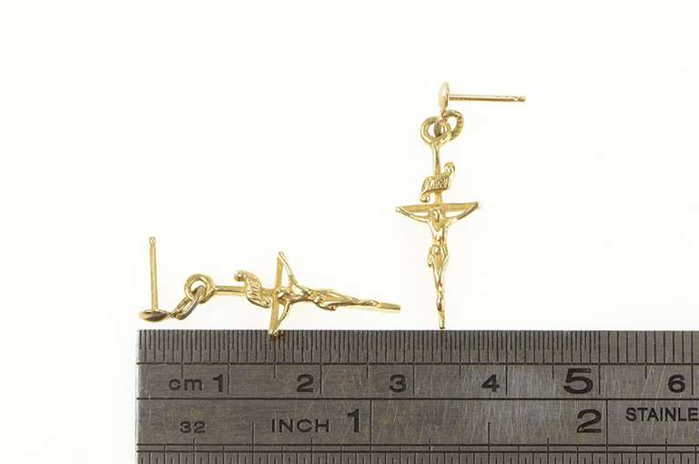 14K Yellow Gold Dangle Cross Crucifix Christian Jesus Christ Earrings