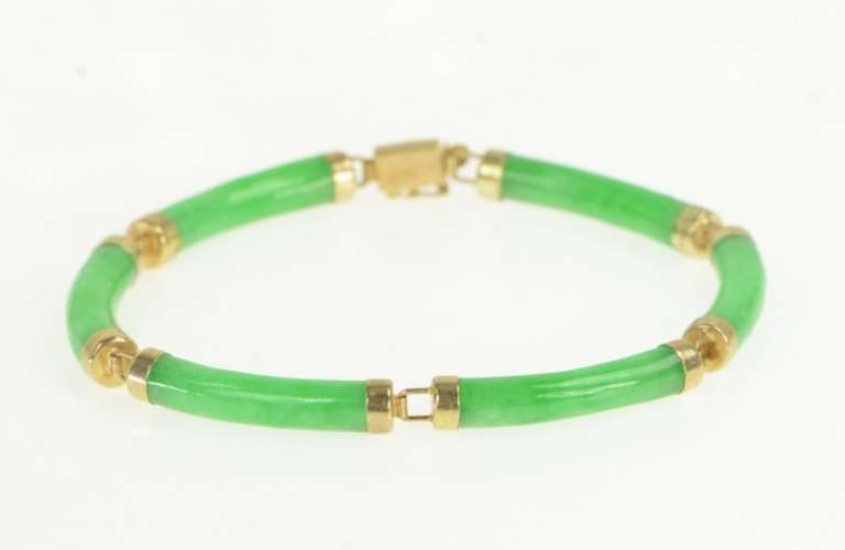 14K Yellow Gold Carved Jade Curved Stone Link Vintage Bracelet
