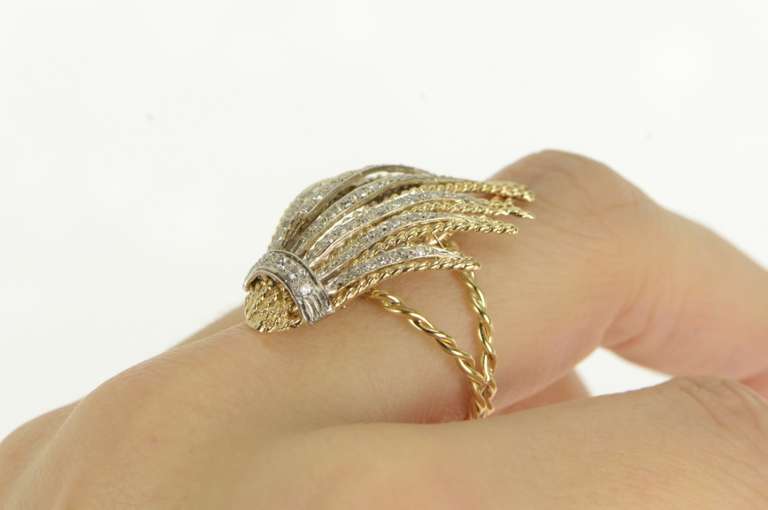 14K Yellow Gold 1940's White Sapphire Fanned Leaf Cluster Ring