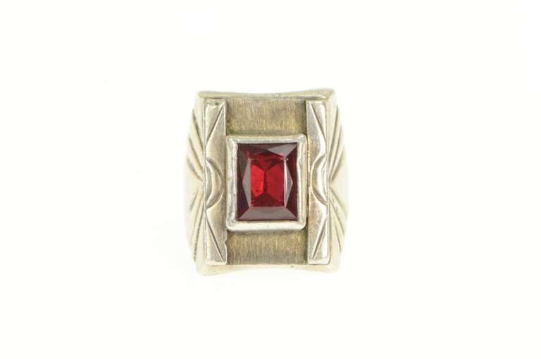 Sterling Silver Garnet Squared Southwestern Stamped OA Ring