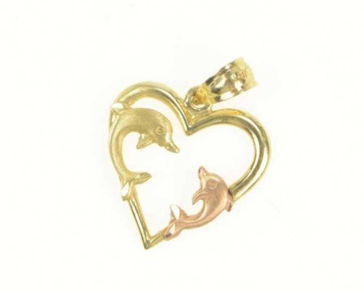 14K Yellow Gold Dolphin Heart Love Symbol Vintage Pendant