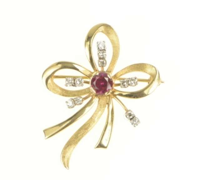 14K Yellow Gold 1930's Syn. Ruby Diamond Accent Bow Ribbon Pin/Brooch
