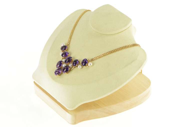 14K Yellow Gold 1940's Amethyst Cabochon Pearl Statement Necklace