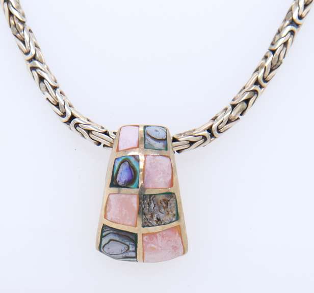 Vintage 925 Sterling Silver Gemstone Pendant on Byzantine Chain Necklace