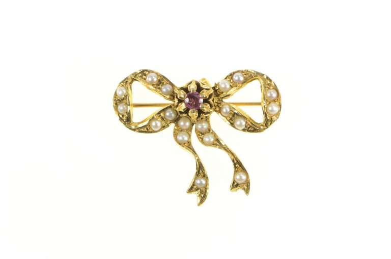 14K Yellow Gold Victorian Ruby Pearl Bow Ribbon Vintage Pin/Brooch