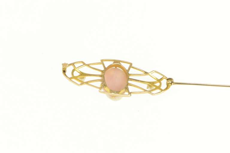 10K Yellow Gold Victorian Coral Cameo Seed Pearl Ornate Pin/Brooch
