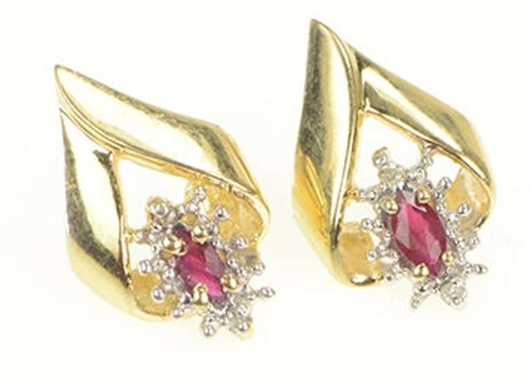 14K Yellow Gold Marquise Ruby Diamond Accent Curved Stud Earrings