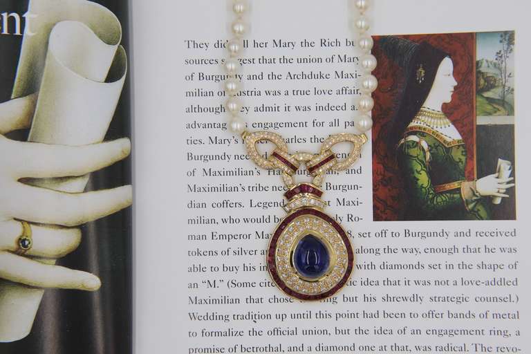 Exorbitant fine quality hand made & very rare  13.22ct Sapphire Cabochon 9.60ctw Ruby 2.75ctw Diamond and Cultured Pearl Pendant Necklace