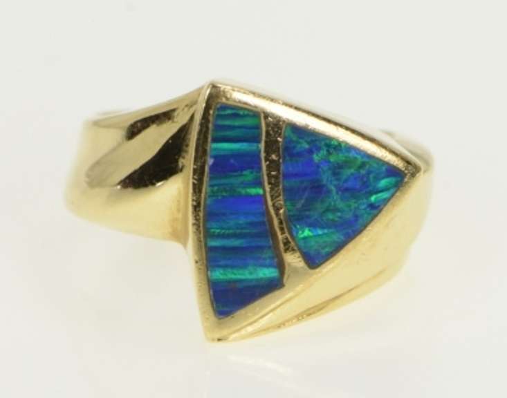 14K Yellow Gold Triangle Opal Inlay Geometric Statement Ring