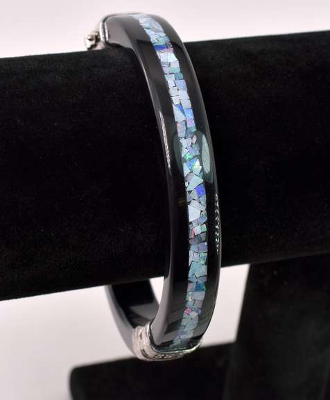 Beautiful Black Agate and Opal Hinged Bangle In Sterling Silver